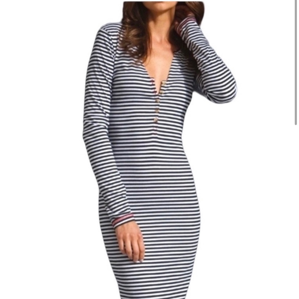 Free People Beach Costas Henley Striped Long Sleeve Bodycon Knit Maxi Dress S